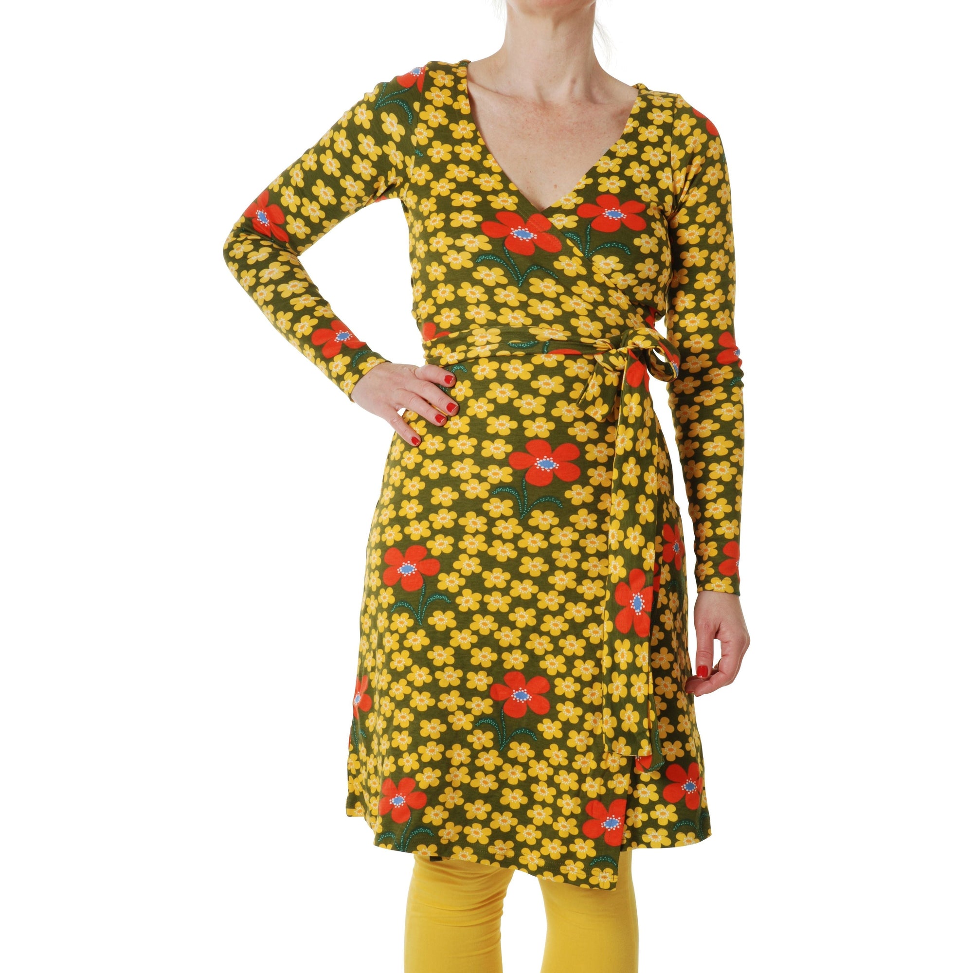 DUNS Sweden Adult's Flower - Olive Long Sleeve Wrap Dress - Size Large-Warehouse Find-Modern Rascals