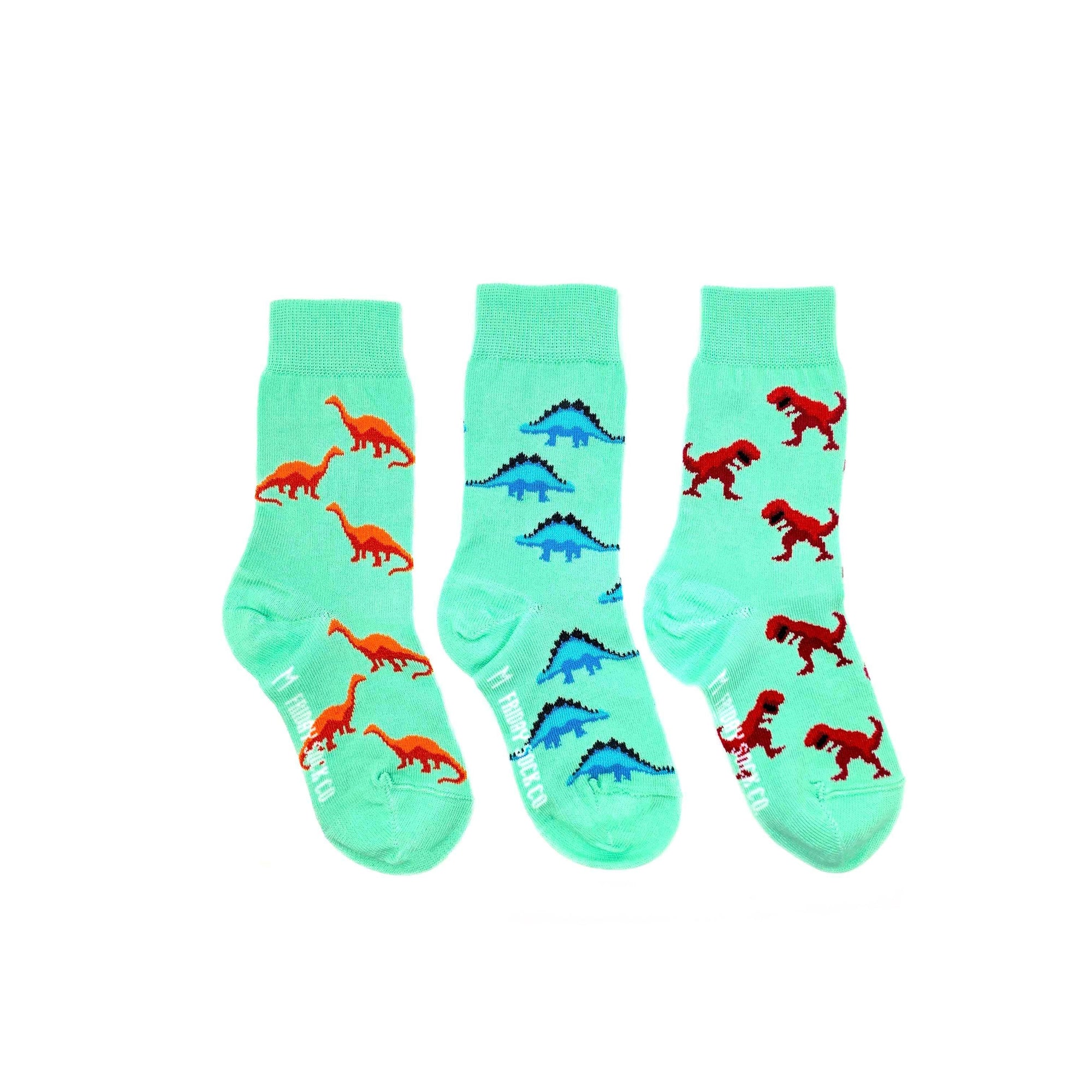 Kid's Stegosaurus, T-Rex & Brontosaurus Mismatched Socks-Friday Sock Co.-Modern Rascals