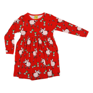 Pigs - Red Long Sleeve Dress With Gathered Skirt-Duns Sweden-Modern Rascals